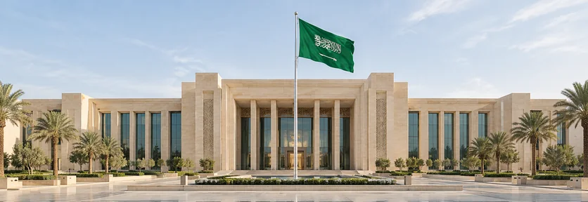 Illustration of a Saudi government building with the Saudi flag