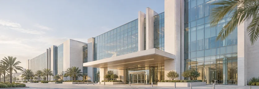 Illustration of a modern hospital with glass and stone facades