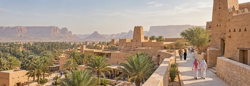 Illustration of visitors walking through a Saudi heritage destination