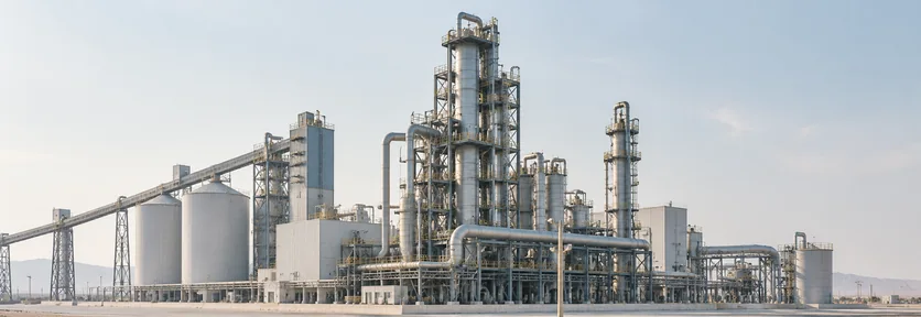 Illustration of an industrial processing facility with silos and pipework