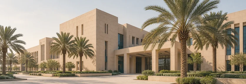 Illustration of a Saudi university campus lined with date palms
