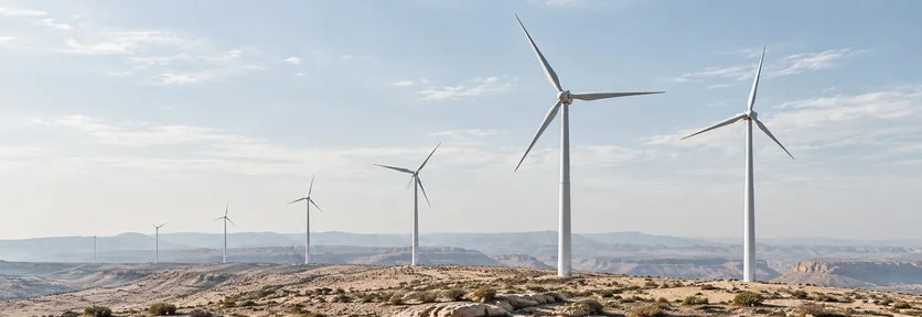 Illustration of wind turbines on a Saudi desert plateau